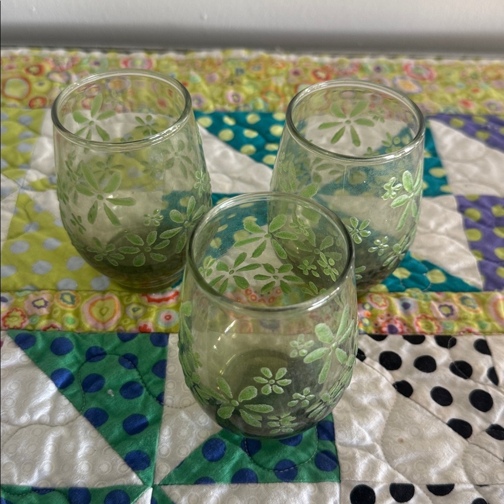 Vintage 60s/70s MCM Libbey Floral Green Juice Glasses, Mint Bouquet Set of 3 - Picture 2 of 4